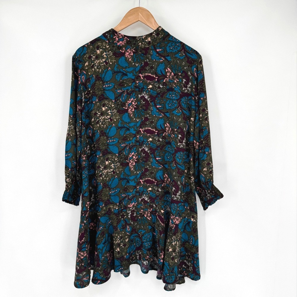 Knot Sisters JoJo Drop Waist Mini Dress Dark Floral Mock Neck Long Sleeve Size L - Picture 2 of 16